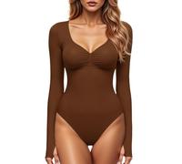 GJY Damen Bodysuit mit Quadratischem V-Ausschnitt, Sexy Oberteile Mode Langarm Going Out Tops Stretchy Körper Anzug,Russet