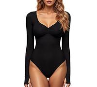 GJY Damen Bodysuit mit Quadratischem V-Ausschnitt, Sexy Oberteile Mode Langarm Going Out Tops Stretchy Körper Anzug,Schwarz