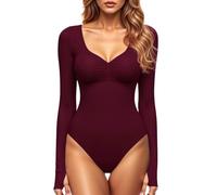 GJY Damen Bodysuit mit Quadratischem V-Ausschnitt, Sexy Oberteile Mode Langarm Going Out Tops Stretchy Körper Anzug,Wein