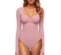 GJY Damen Bodysuit mit Quadratischem V-Ausschnitt, Sexy Oberteile Mode Langarm Going Out Tops Stretchy Körper Anzug,Süßes Rosa