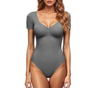 GJY Damen Bodysuit mit Quadratischem V-Ausschnitt, Sexy Oberteile Mode Langarm Going Out Tops Stretchy Körper Anzug,Fleckiges Grau