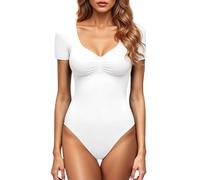 GJY Damen Bodysuit mit Quadratischem V-Ausschnitt, Sexy Oberteile Mode Langarm Going Out Tops Stretchy Körper Anzug,Weiß