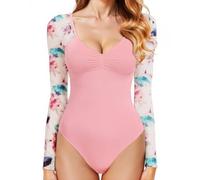 GJY Damen Bodysuit,Sexy V-Ausschnitt Langarm Mesh Rückenfrei Bodysuit,Körperformung Trikot,Einteiliger Anzug,Geeignet zum Ausgehen Tragen