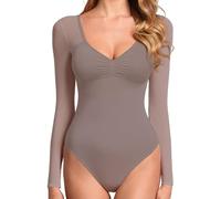GJY Damen Bodysuit,Sexy V-Ausschnitt Langarm Mesh Rückenfrei Bodysuit,Körperformung Trikot,Einteiliger Anzug,Geeignet zum Ausgehen Tragen