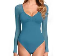 GJY Damen Bodysuit,Sexy V-Ausschnitt Langarm Mesh Rückenfrei Bodysuit,Körperformung Trikot,Einteiliger Anzug,Geeignet zum Ausgehen Tragen