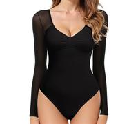 GJY Damen Bodysuit,Sexy V-Ausschnitt Langarm Mesh Rückenfrei Bodysuit,Körperformung Trikot,Einteiliger Anzug,Geeignet zum Ausgehen Tragen