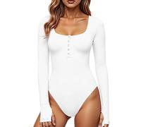 GJY Damen Bodysuits,Druckknopf-Verschluss Rundhalsausschnitt Lange Ärmel Lässiger Schmal Geschnittener Jumpsuit,Hemden Oberteile,Weiß