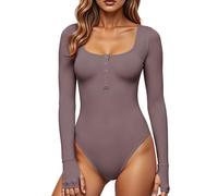 GJY Damen Bodysuits,Druckknopf-Verschluss Rundhalsausschnitt Lange Ärmel Lässiger Schmal Geschnittener Jumpsuit,Hemden Oberteile,Rose Braun