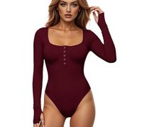 GJY Damen Bodysuits,Druckknopf-Verschluss Rundhalsausschnitt Lange Ärmel Lässiger Schmal Geschnittener Jumpsuit,Hemden Oberteile,Wein