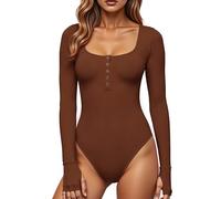 GJY Damen Bodysuits,Druckknopf-Verschluss Rundhalsausschnitt Lange Ärmel Lässiger Schmal Geschnittener Jumpsuit,Hemden Oberteile,Russet Braun