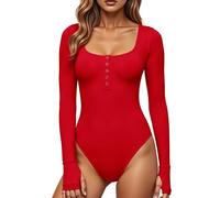 GJY Damen Bodysuits,Druckknopf-Verschluss Rundhalsausschnitt Lange Ärmel Lässiger Schmal Geschnittener Jumpsuit,Hemden Oberteile,Kandis Rot