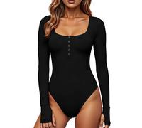 GJY Damen Bodysuits,Druckknopf-Verschluss Rundhalsausschnitt Lange Ärmel Lässiger Schmal Geschnittener Jumpsuit,Hemden Oberteile,Schwarz