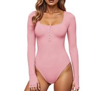 GJY Damen Bodysuits,Druckknopf-Verschluss Rundhalsausschnitt Lange Ärmel Lässiger Schmal Geschnittener Jumpsuit,Hemden Oberteile,Süßes Rosa
