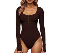 GJY Damen Bodysuits,Druckknopf-Verschluss Rundhalsausschnitt Lange Ärmel Lässiger Schmal Geschnittener Jumpsuit,Hemden Oberteile,Kaffee