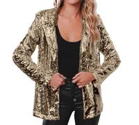 Glänzend-Anzugjacke Damen Lang - Sakko Damen Schwarz Gold Blazer Festlich Elegant Einfarbig Revers Langarm Anzug Outfit Schlank Sommerjacke Mit Elastischer Taille Bequem Business Jacke-Partykleidung