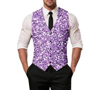 Glänzende Pailletten-Weste Für Herren Tiefer V-Ausschnitt Einfarbig Partykleid Anzugweste Mit Knopf Festlich Party Hochzeit Performance Anzugsweste Ärmellos Jacke 70er 80er Disco Outfit Lila Rot Xxl