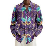 Glänzende Satin Hemden Herren Herren Polo Shirts Pailletten Freizeithemd In Übergröße Mit Digitalem Print Und Langarm Karnevalsmotiv Digital Bedruckt Mit Reverskragen für Karneval Party