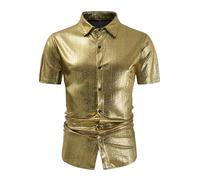 Glänzende Satin Hemden Herren Mode Glitzer Shirt Herren Slim Fit Neuer Trendiger Schmal Geschnittener Cardigan Mit Reverskragen Für Übergröße EGlänzendes Kurzarmhemd Für Sommer für Karneval Party