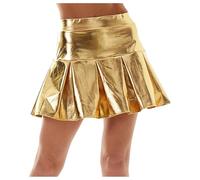 Glänzender Rock Damen Metallischer Rock Höhe Taille Liquid Mini Elastische A-Linien Pull Skater Lederröcke Faltenrock (Gold-a, S)