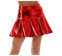 Glänzender Rock Damen Metallischer Rock Höhe Taille Liquid Mini Elastische A-Linien Pull Skater Lederröcke Faltenrock (Red-a, XXL)