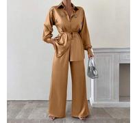 Glänzender, weicher Stoff, langärmliges Hemd mit Strassverzierung und Hose mit hoher elastischer Taille und lockerer Passform, zweiteiliges Outfit, Dr