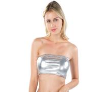 Glänzendes metallisches trägerloses Crop-Top für Damen, Party, Tanz, Bandeau-BH, Kunstleder, ärmellos, Bustier-Weste, Clubwear, trägerlos, metallisches Schlauch-Top, silber, M