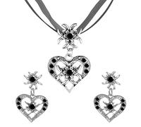 Glamifyr 3 Stück Trachtenschmuck Damen Schwarz Schmuck Trachtenkette,Strass Edelweiß Herz Anhänger,Edelweiß Ohrstecker Vielen Anhänger Trachtenschmuck Kette,für Dirndl und Lederhose Damen