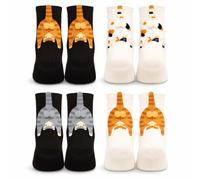 Glamifyr 4 Paar Katzensocken Damen aus Baumwolle - Katzen Motiv Socken Set mit 4 verschiedenen Designs, Lustige Damensocken 35-40, Geschenkidee für Katzenliebhaber