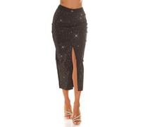 Glamour Midi Jeans Rock High Waist mit Deko Strass und Schlitz S