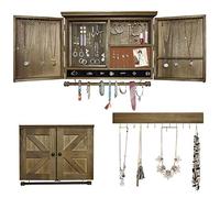 GLANT Rustikaler Schmuckorganizer zur Wandmontage, mit Holz-Faltentür-Dekor, Wandhalterung, Schmuckhalter für Halsketten, Armbänder, Ringhalter Inklusive passendem Haken-Organizer (Holzfarbe)