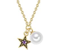GLANZSTÜCKE MÜNCHEN Damen Kette 925/- Sterling Silber gelbgold | gelbvergoldet 14 Karat, Ankerkette, Zirkonia, lila, Süßwasser-Zuchtperle, ca. 6,0 - 6,5 mm, weiß, rund, Stern, Federring