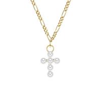 GLANZSTÜCKE MÜNCHEN Damen Kette 925/- Sterling Silber gelbgold | gelbvergoldet 14 Karat, Figarokette, Süßwasser-Zuchtperle, ca. 2,0 - 2,5 mm, weiß, rund, Kreuz, Federring