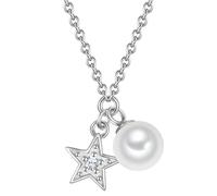 GLANZSTÜCKE MÜNCHEN Damen Kette 925/- Sterling Silber | rhodiniert, Ankerkette, Zirkonia, weiß, Süßwasser-Zuchtperle, ca. 6,0 - 6,5 mm, weiß, rund, Stern, Federring