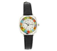 Glass Of Venice Murano Millefiori Quadratische Uhr mit Lederband - Schwarz Mehrfarbig