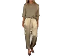 Glattes Satin-Oberteil und Hose mit halben Ärmeln, für Damen, Sommer, lässig, Satin, 2-teiliges Outfit, Jogger-Kurzarm-Set (Gold, M), braun