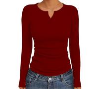 GLEENOD Langarmshirt Damen Elegant Basic Gerippte Oberteil Y2K Modernes T-Shirt Langarm Henley Shirt mit Knopfleiste, Burgund, XL