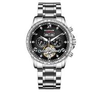 GLENAW Automatikuhr für Herren, luxuriöse Kristalllünette, kompletter Kalender, mechanischer Tag, Datum, Tourbillon-Uhr für Herren, leuchtend, mit Edelstahlarmband, 8670-Silber-Schwarz