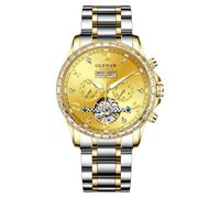 GLENAW Automatikuhr für Herren, luxuriöse Kristalllünette, kompletter Kalender, mechanischer Tag, Datum, Tourbillon-Uhr für Herren, leuchtend, mit Edelstahlarmband, 8670, Goldgelb