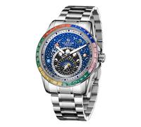 GLENAW Automatikuhren für Herren: Mechanische Selbstaufziehende Uhr, mechanische Armbanduhr mit astronomischem blauem Zifferblatt, Planeten und Sternbild, durchsichtiges Ausstellungsgehäuse