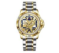 GLENAW Automatikuhren für Herren, Strassring, offenes Zifferblatt, Skelett, mechanische Selbstaufziehuhr, wasserdichte Herrenuhr, Edelstahlarmband, 8956 - Golden Blue