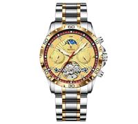 GLENAW Mechanische Herren-Skelett-Uhren für Herren, luxuriöse Herren-Automatikuhren, blaues Zifferblatt, leuchtend, wasserdicht, Edelstahl-Armbanduhr für Herren, Rot/Ausflug, einfarbig (Getaway