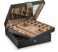 Glenor Co Schmuckkästchen mit 28 Fächern, 2 Ebenen, Schnallen-Schnapp- und Magnetverschluss, großer Spiegel, Leder-Design, Schwarz