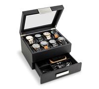 Glenor Co Uhrenbox mit Schublade für Herren - 8 Fächer, luxuriöses Uhrengehäuse, Display-Organizer, Kohlefaser-Design, Metallschnalle für Herren-Schmuck, Uhren, Herren-Aufbewahrungsboxen mit großer