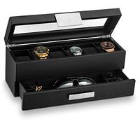 Glenor Co Uhrenbox mit Valet Schublade für Herren,6 Slot Luxus Uhr Schutzhülle Display Organizer, die Männer 's Aufbewahrungsboxen Halter verfügt über eine große Glas Top, Metall Schnalle