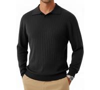 GLESTORE Poloshirt Herren Langarm Pullover V Ausschnitt Polo Gestreiftes Polohemd Tops Schwarz L