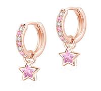 Glintara Ohrringe Silber 925 Creolen für Mädchen Kinder Damen, Klein 12mm Creolen Silber 925 mit Stern Anhänger, Schlichte zarte Ohrringe Stern Hängend mit Rosa Cubic Zirkonia, Hypoallergen Ohrschmuck