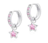 Glintara Ohrringe Silber 925 Creolen für Mädchen Kinder Damen, Klein 12mm Creolen Silber 925 mit Stern Anhänger, Schlichte zarte Ohrringe Stern Hängend mit Rosa Cubic Zirkonia, Hypoallergen Ohrschmuck