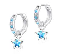 Glintara Ohrringe Silber 925 für Damen Mädchen - Creolen Ohrringe mit Stern Hängend & Aquamarin Cubic Zirkonia, 925 Sterling Silber Creolen Ohrhänger Klein, Hypoallergen Hängeohrringe mit Geschenkbox