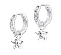 Glintara Ohrringe Silber 925 Hängend - Klein 12mm Creolen mit Stern Anhänger, 925 Sterling Silber Creolen Ohrhänger mit Weiß Cubic Zirkon, Hypoallergen Ohrringe Kinder Hängeohrringe für Mädchen Damen