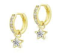 Glintara Ohrringe Silber 925 Hängend - Klein 12mm Creolen mit Stern Anhänger, 925 Sterling Silber Creolen Ohrhänger mit Weiß Cubic Zirkon, Hypoallergen Ohrringe Kinder Hängeohrringe für Mädchen Damen